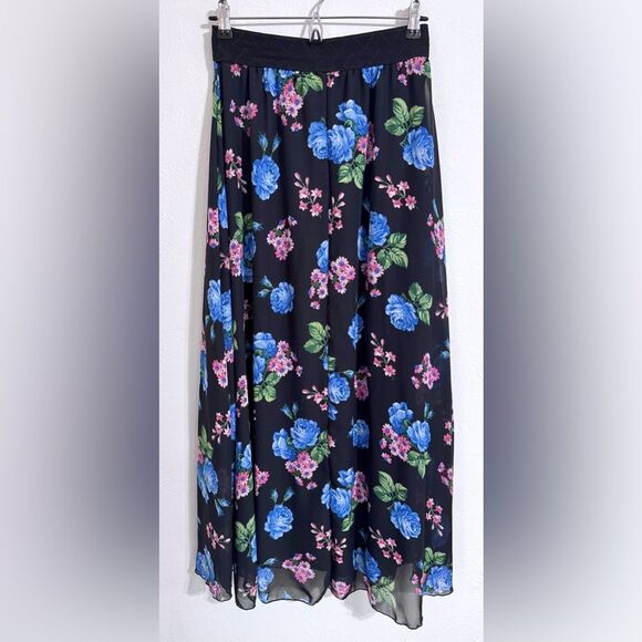 Lularoe Lucy floral print maxi skirt, black with blue and pink, size XS - Picture 3 of 7